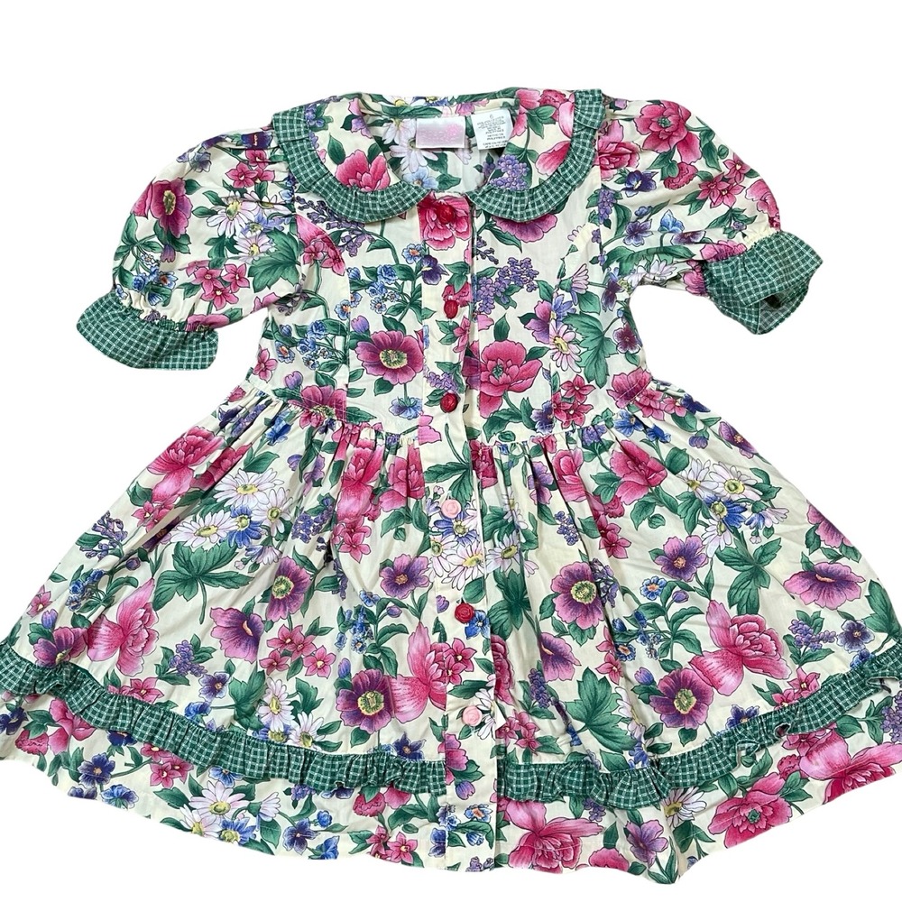 Vintage Rose Cottage Floral Dress Girls 6 Gingham Ruffle Rose Button‎ Tea Party